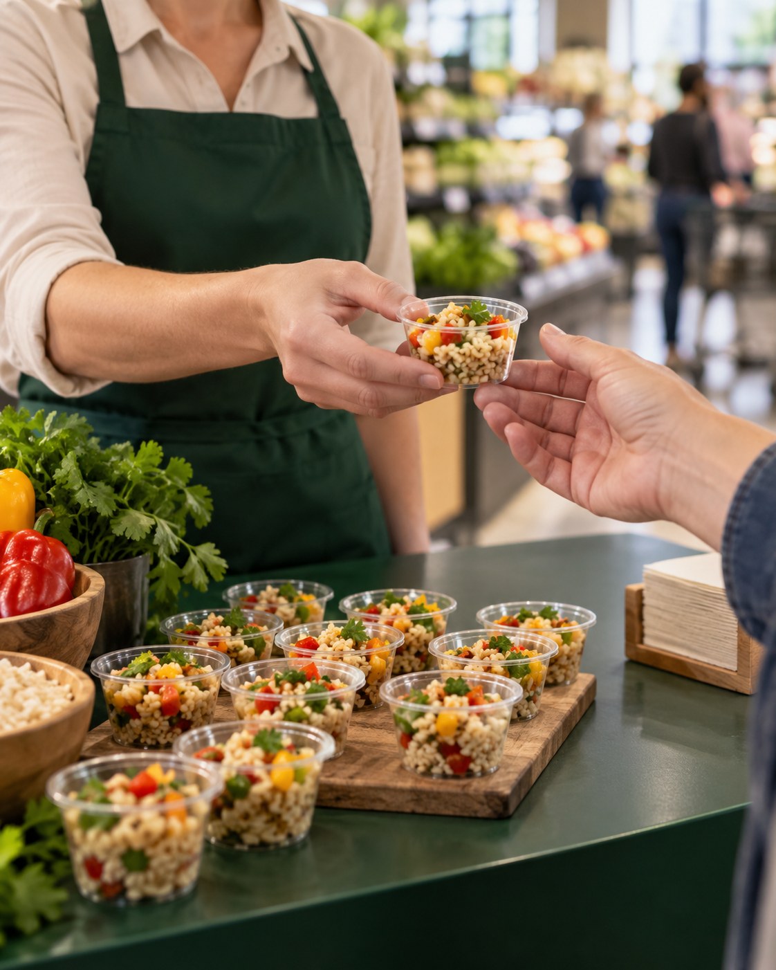 Illustrative food sampling experience in a grocery store